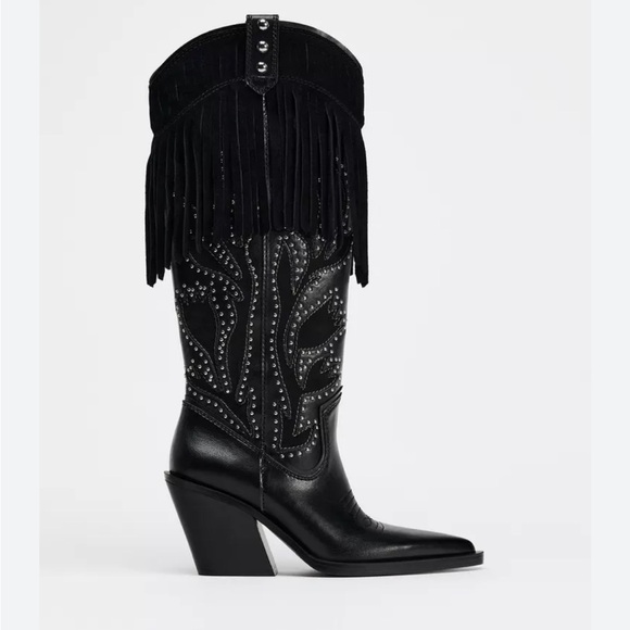 Zara Shoes - Zara NWT black heeled studded fringe wide mid calf cowboy boots 3062/410